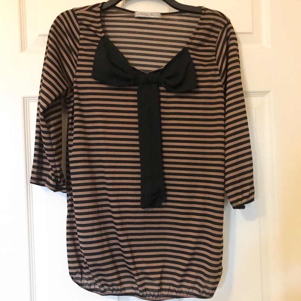 Tan & Black striped shirt with bow